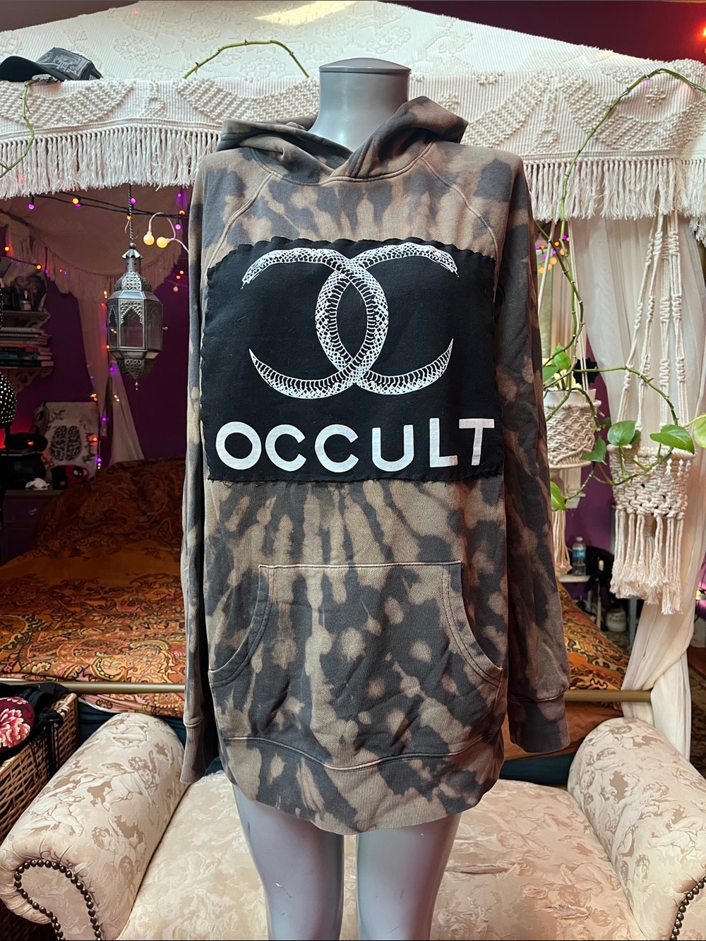 OOAK DIY punk goth Occult snake patch tie dye pullover hoodie